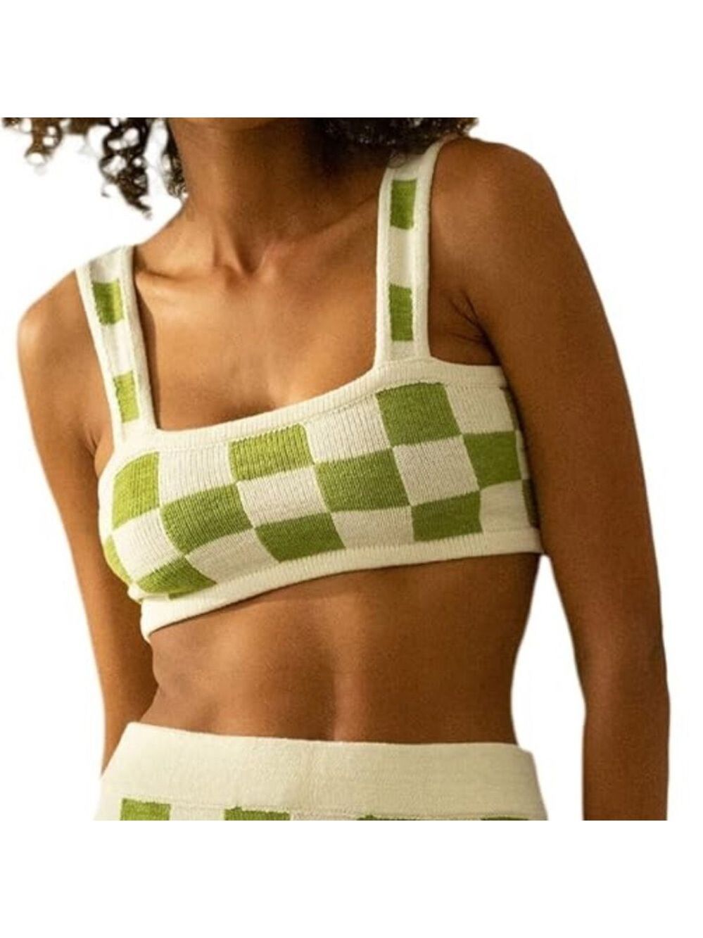 Altar'd State Checkered Knit Cropped Bandeau Top in Green & Cream